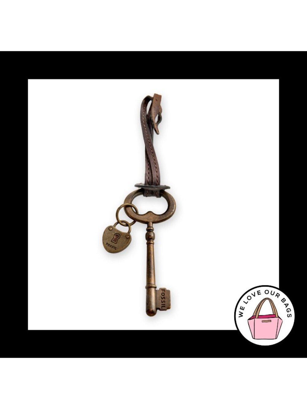 FOSSIL KEY HEART Brass - Dark Brown Leather Strap Bag Charm HangTag Keychain Fob